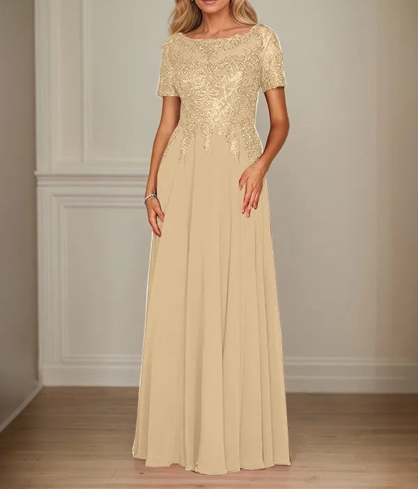 A Line Chiffon Boat Neck Short Sleeves Floor Length Mother of the Bride Dresses