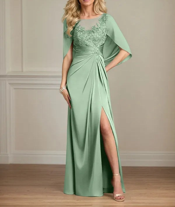 Sheath/Column Satin Scoop Neck Cap Sleeves Floor Length Mother Of The Bride Dresses