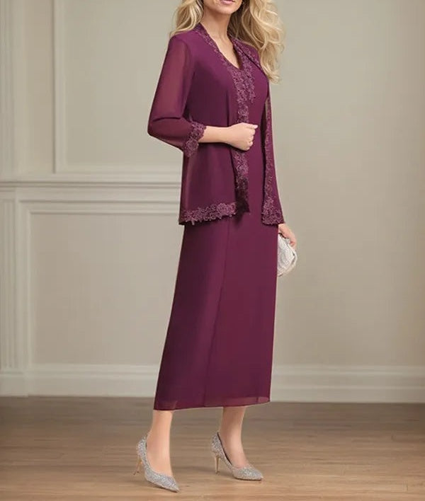 Sheath/Column Chiffon V Neck 3/4 Sleeves Tea Length Mother Of The Bride Dress