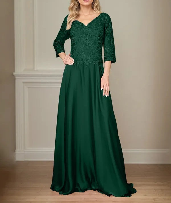 A Line Chiffon V Neck 3/4 Sleeves Floor-Length Mother Of The Bride Dress With Appliques