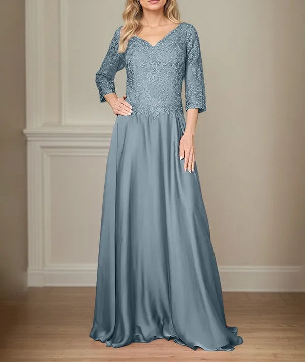 A Line Chiffon V Neck 3/4 Sleeves Floor-Length Mother Of The Bride Dress With Appliques