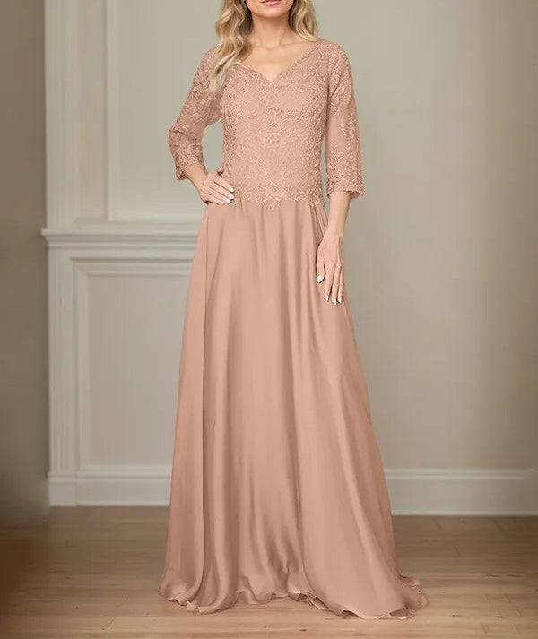 A Line Chiffon V Neck 3/4 Sleeves Floor-Length Mother Of The Bride Dress With Appliques