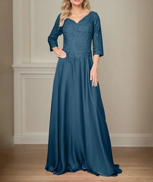 A Line Chiffon V Neck 3/4 Sleeves Floor-Length Mother Of The Bride Dress With Appliques