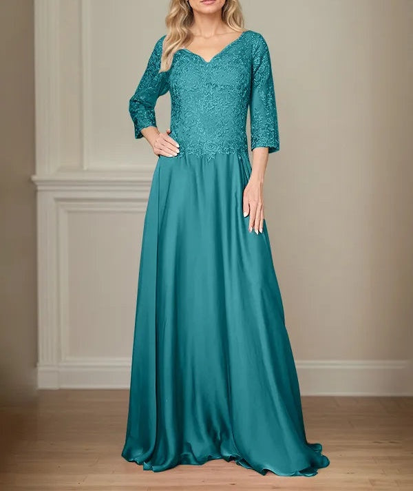 A Line Chiffon V Neck 3/4 Sleeves Floor-Length Mother Of The Bride Dress With Appliques
