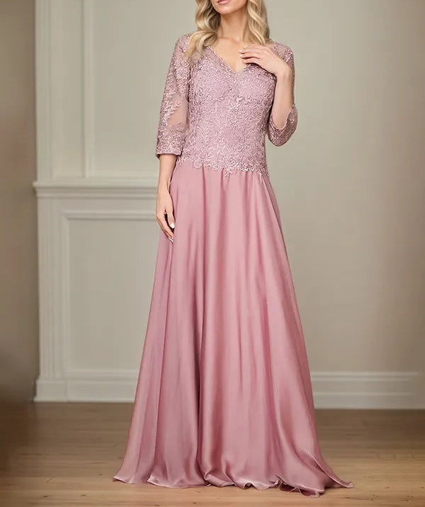 A Line Chiffon V Neck 3/4 Sleeves Floor-Length Mother Of The Bride Dress With Appliques