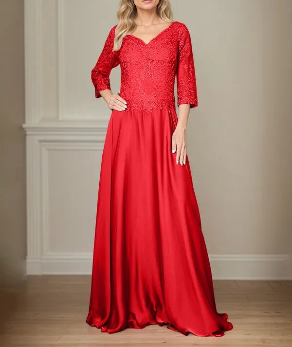 A Line Chiffon V Neck 3/4 Sleeves Floor-Length Mother Of The Bride Dress With Appliques