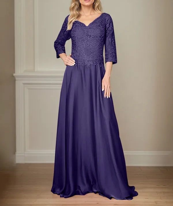 A Line Chiffon V Neck 3/4 Sleeves Floor-Length Mother Of The Bride Dress With Appliques