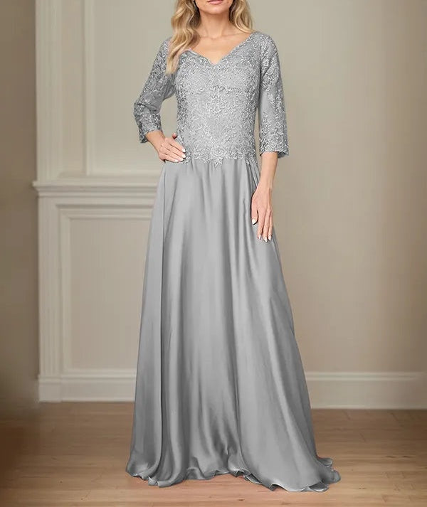 A Line Chiffon V Neck 3/4 Sleeves Floor-Length Mother Of The Bride Dress With Appliques