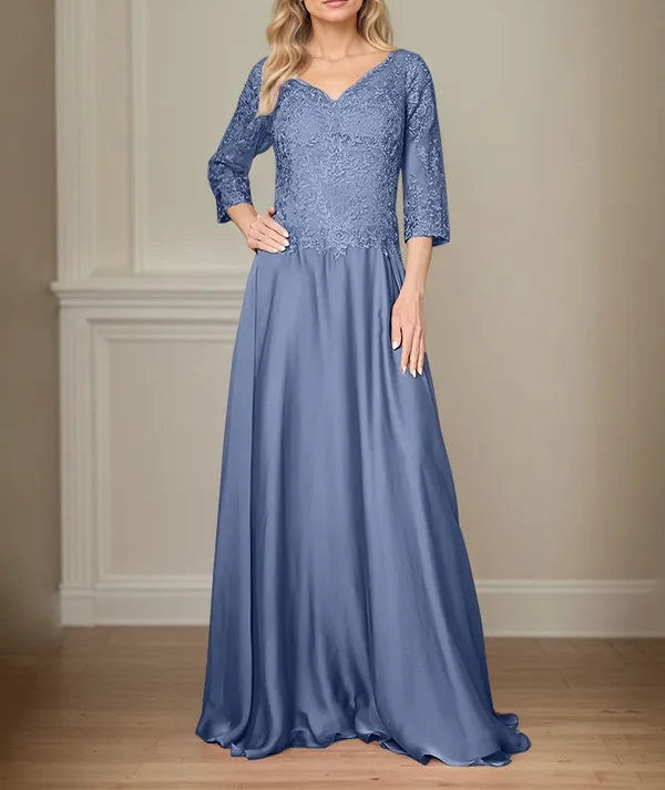 A Line Chiffon V Neck 3/4 Sleeves Floor-Length Mother Of The Bride Dress With Appliques