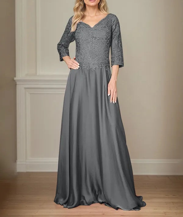 A Line Chiffon V Neck 3/4 Sleeves Floor-Length Mother Of The Bride Dress With Appliques