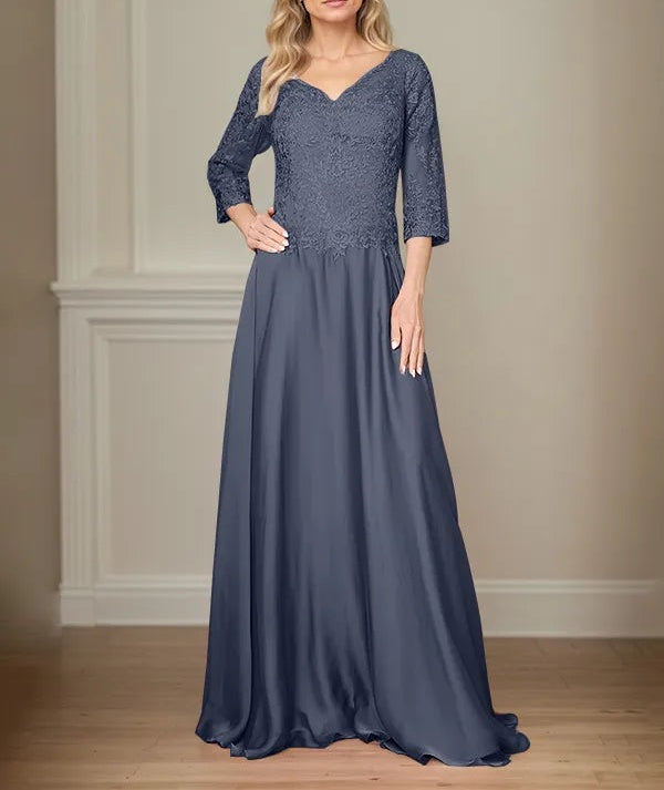A Line Chiffon V Neck 3/4 Sleeves Floor-Length Mother Of The Bride Dress With Appliques