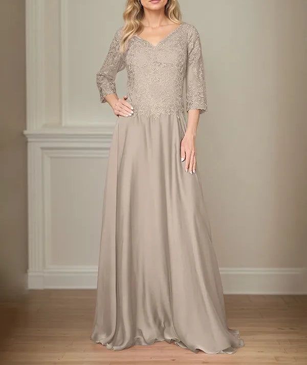 A Line Chiffon V Neck 3/4 Sleeves Floor-Length Mother Of The Bride Dress With Appliques