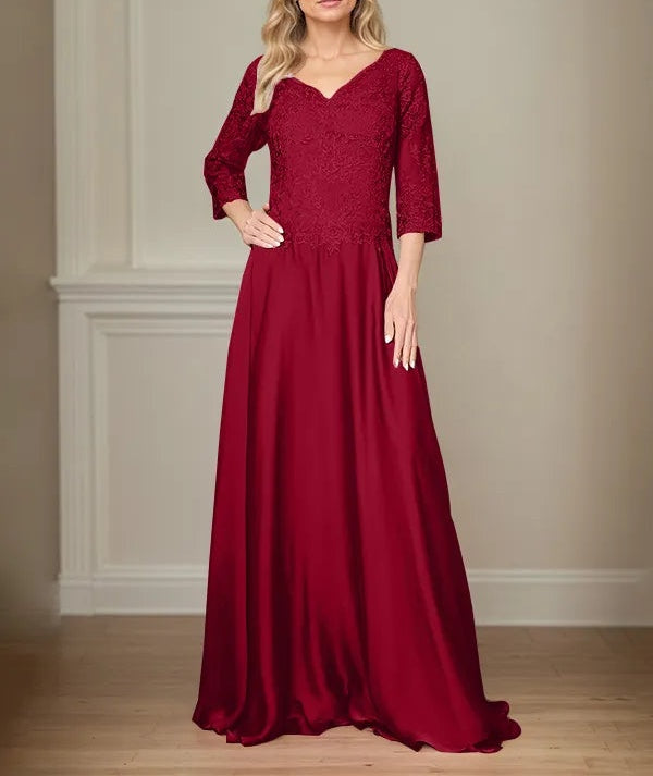 A Line Chiffon V Neck 3/4 Sleeves Floor-Length Mother Of The Bride Dress With Appliques