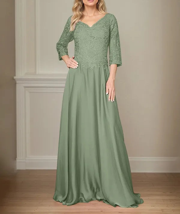 A Line Chiffon V Neck 3/4 Sleeves Floor-Length Mother Of The Bride Dress With Appliques