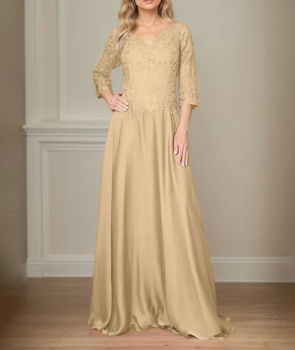 A Line Chiffon V Neck 3/4 Sleeves Floor-Length Mother Of The Bride Dress With Appliques