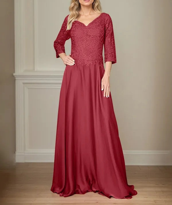 A Line Chiffon V Neck 3/4 Sleeves Floor-Length Mother Of The Bride Dress With Appliques