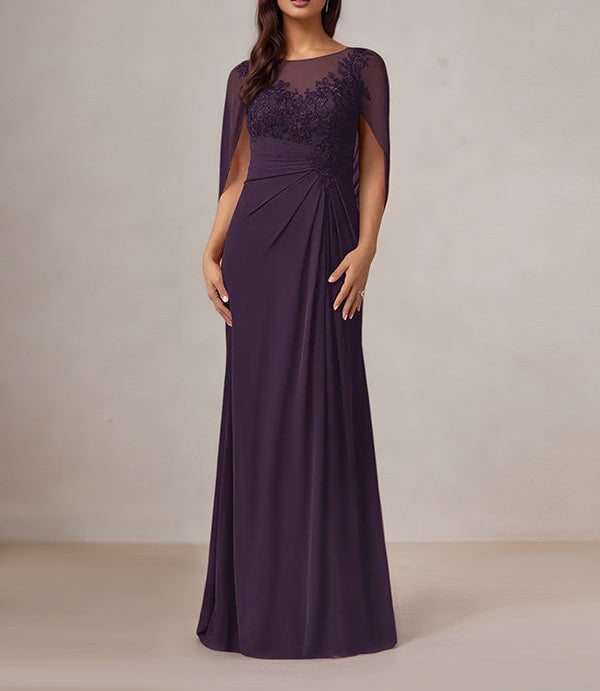 Plum Sheath/Column Chiffon Boat Neck Floor Length Mother of the Bride Dress