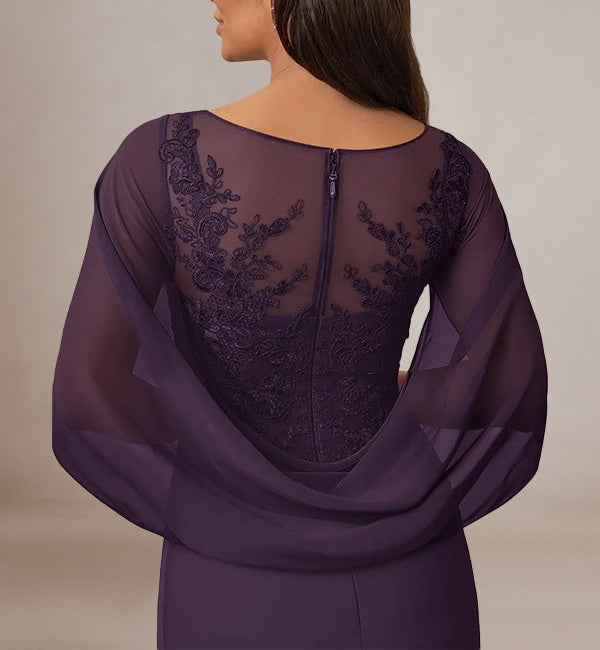 Plum Sheath/Column Chiffon Boat Neck Floor Length Mother of the Bride Dress