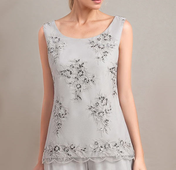 Elegant Sleeveless Appliques Silver Chiffon Mother of Bride Jumpsuit with Wrap