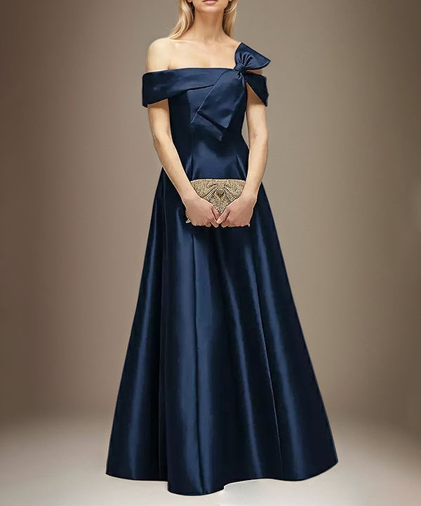Navy Blue Satin A Line Off the Shoulder Floor Length Dress With Bow