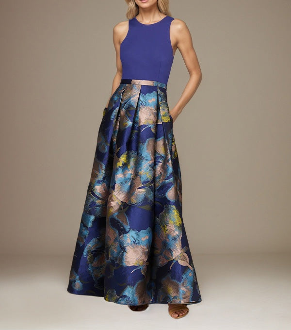 Royal Blue A Line Satin Jewel Neckline Sleeveless Floor Length Floral Dress