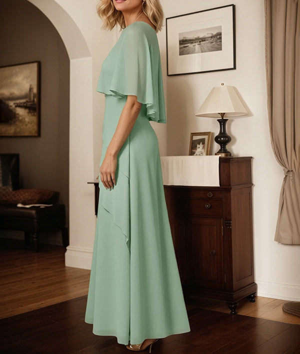 A Line Sage Chiffon Scoop Neck Cape Sleeves Floor Length Dress