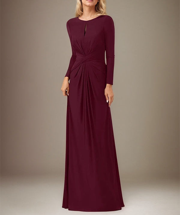 A Line Cabernet Stretch Crepe Scoop Neck Long Sleeves Floor Length Dress