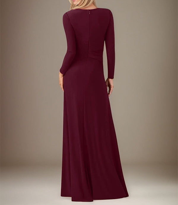 A Line Cabernet Stretch Crepe Scoop Neck Long Sleeves Floor Length Dress