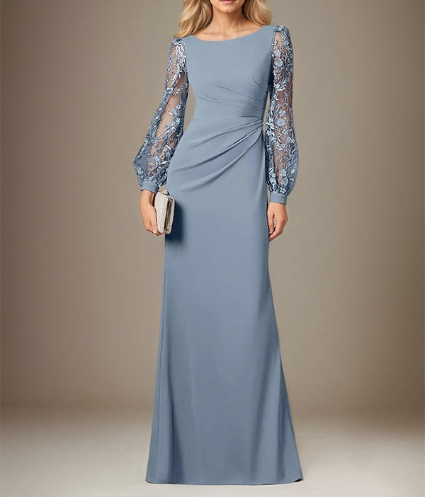 Dusty Blue Stretch Crepe Round Neck Long Sleeves Floor Length Dress With Appliques