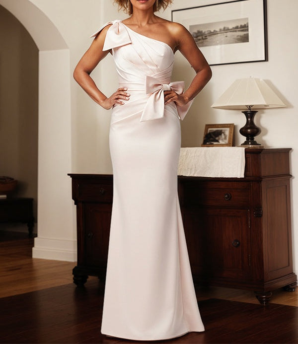Light Blushing Pink Sheath/Column One-Shoulder Satin Mother Of The Bride Dress With Bows