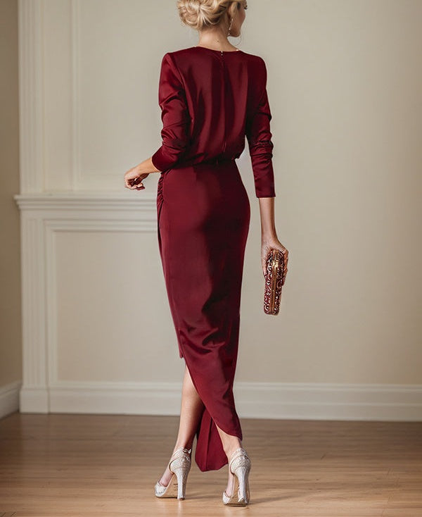 Elegant V-Neck Long Sleeves Asymmetrical Charm Mother Of The Bride Dress With Slit