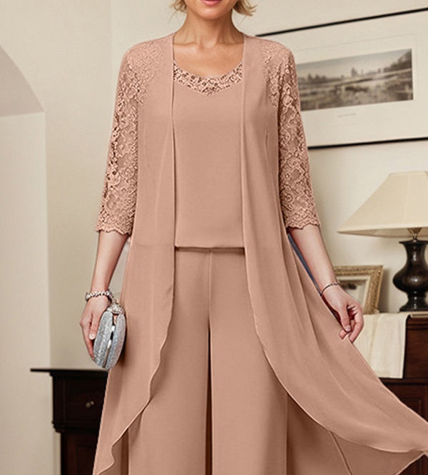 Separates Jumpsuit/Pantsuit Scoop Floor-Length Chiffon Mother of the Bride Dress with Appliques