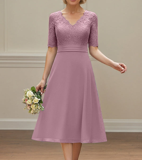 Wisteria A-line V-Neck Tea-Length Chiffon Lace Mother of the Bride Dress with Appliques