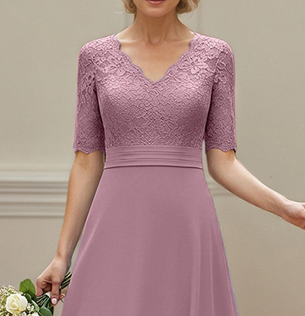 Wisteria A-line V-Neck Tea-Length Chiffon Lace Mother of the Bride Dress with Appliques