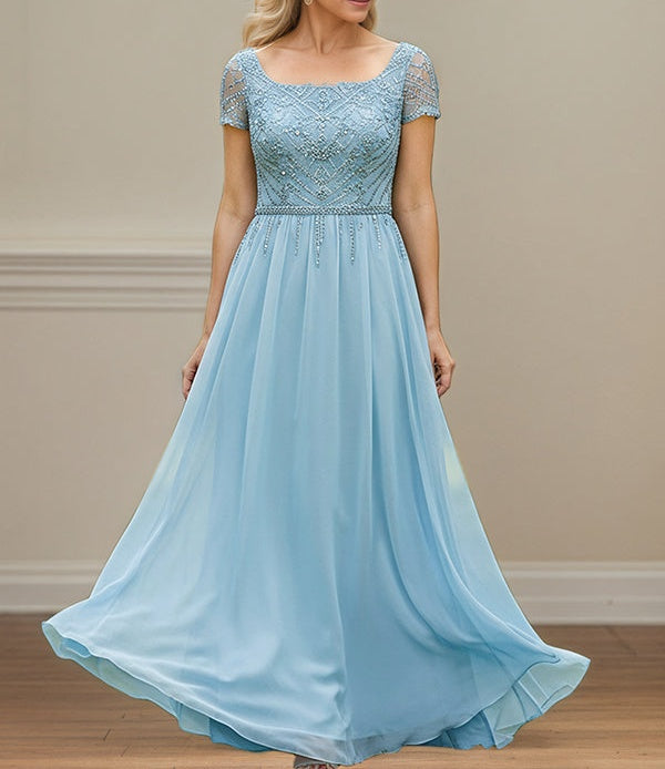 Light Blue A Line Square-Neck Chiffon Mother Of The Bride Dress With Appliques
