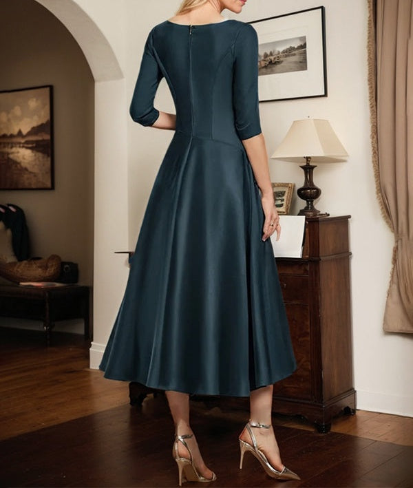 Dark Navy A-line V-Neck Tea-Length Matte Satin Mother of the Bride Dress With Pleated