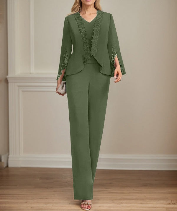 Separates Jumpsuit/Pantsuit V-Neck Floor-Length Chiffon Mother of the Bride Dress
