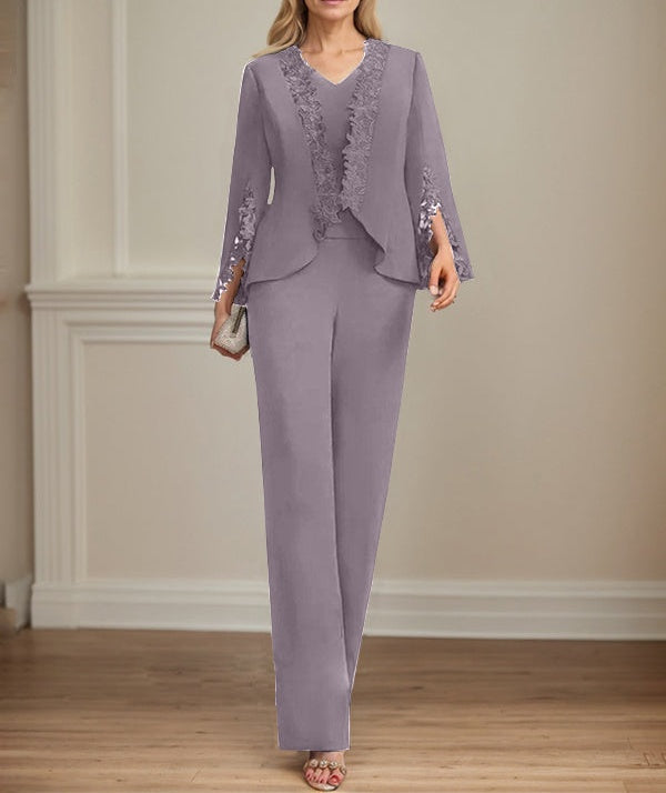 Separates Jumpsuit/Pantsuit V-Neck Floor-Length Chiffon Mother of the Bride Dress
