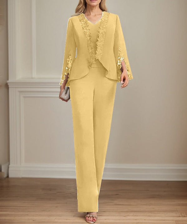 Separates Jumpsuit/Pantsuit V-Neck Floor-Length Chiffon Mother of the Bride Dress