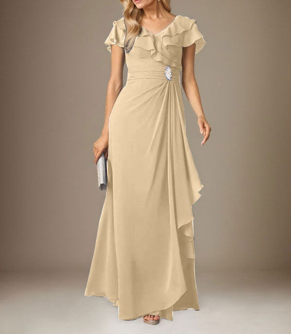 Stormy A-Line V-Neck Ruched Chiffon Dress