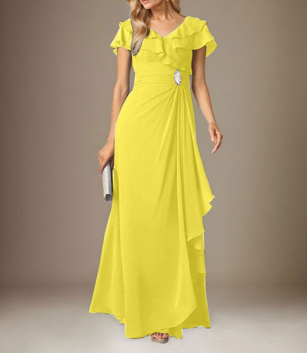 Stormy A-Line V-Neck Ruched Chiffon Dress