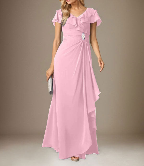 Stormy A-Line V-Neck Ruched Chiffon Dress