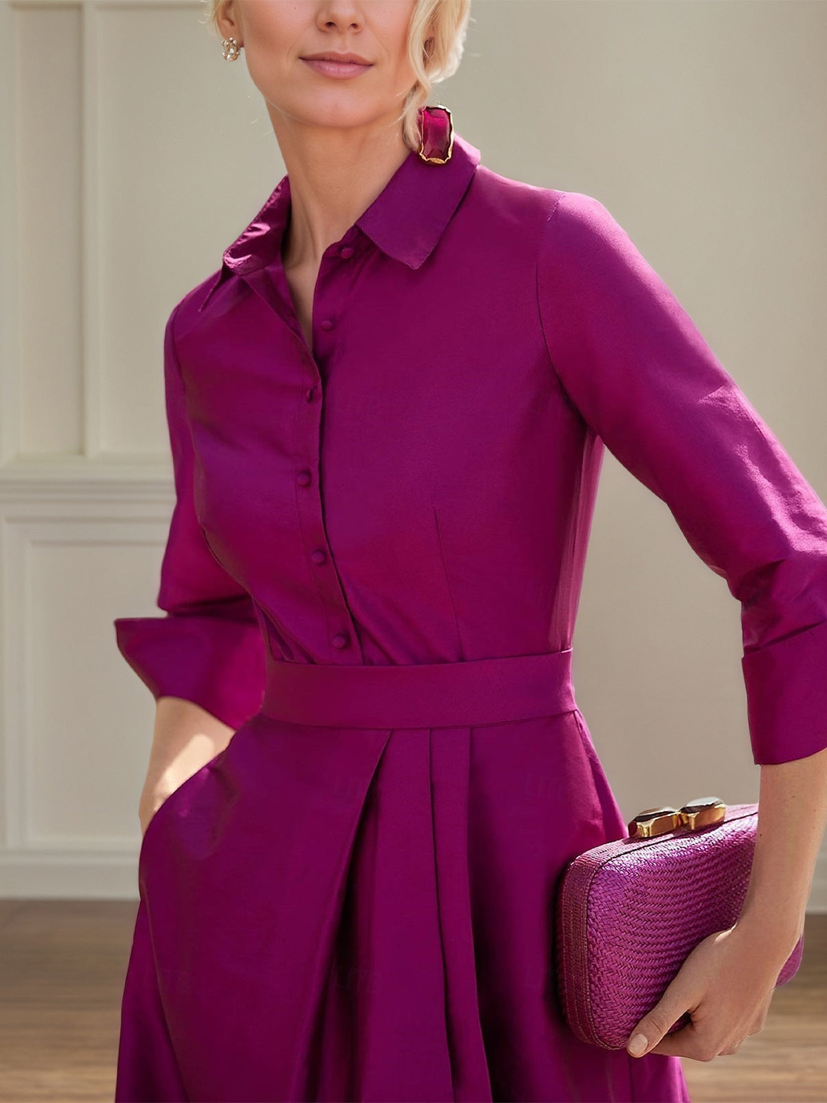 A Line High Neck 3/4 Sleeves Floor Length Mother of the Bride Dresses