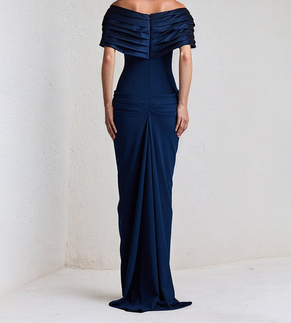 Royal Blue Sheath/Column Off The Shoulder Floor Length Stretch Crepe Dress