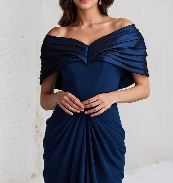 Royal Blue Sheath/Column Off The Shoulder Floor Length Stretch Crepe Dress