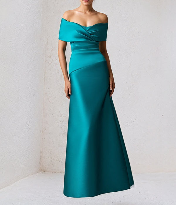 A Line Off The Shoulder Floor Length Satin Mother Of The Bride Dress