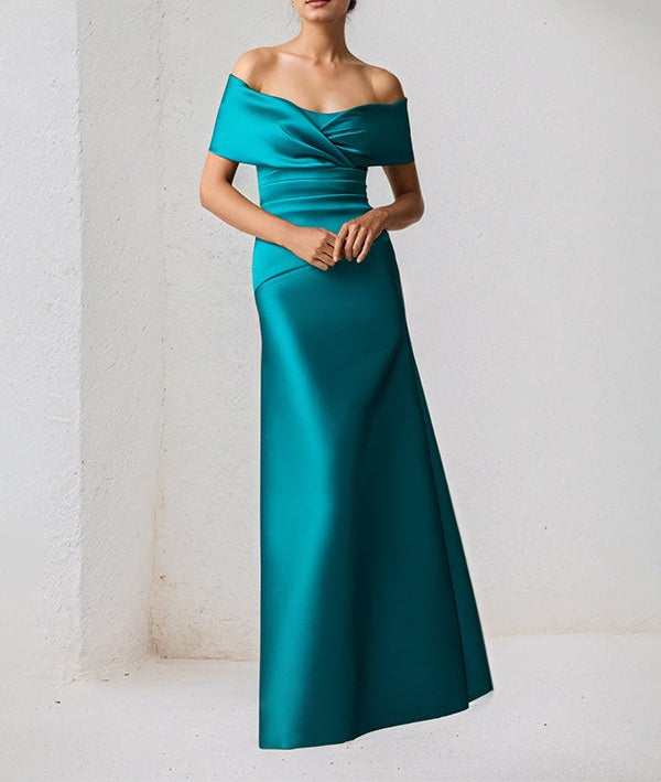 A Line Off The Shoulder Floor Length Satin Mother Of The Bride Dress