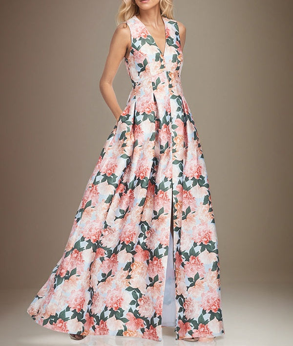A-line V-Neck Peach Peonies Mother of the Bride Dress