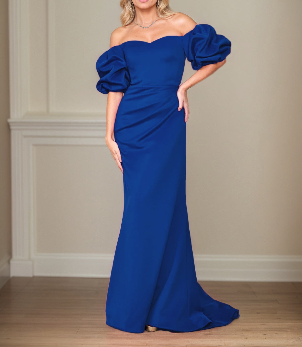 Satin Sheath/Column Off The Shoulder Puff Sleeves Floor Length Mother of the Bride Dresses