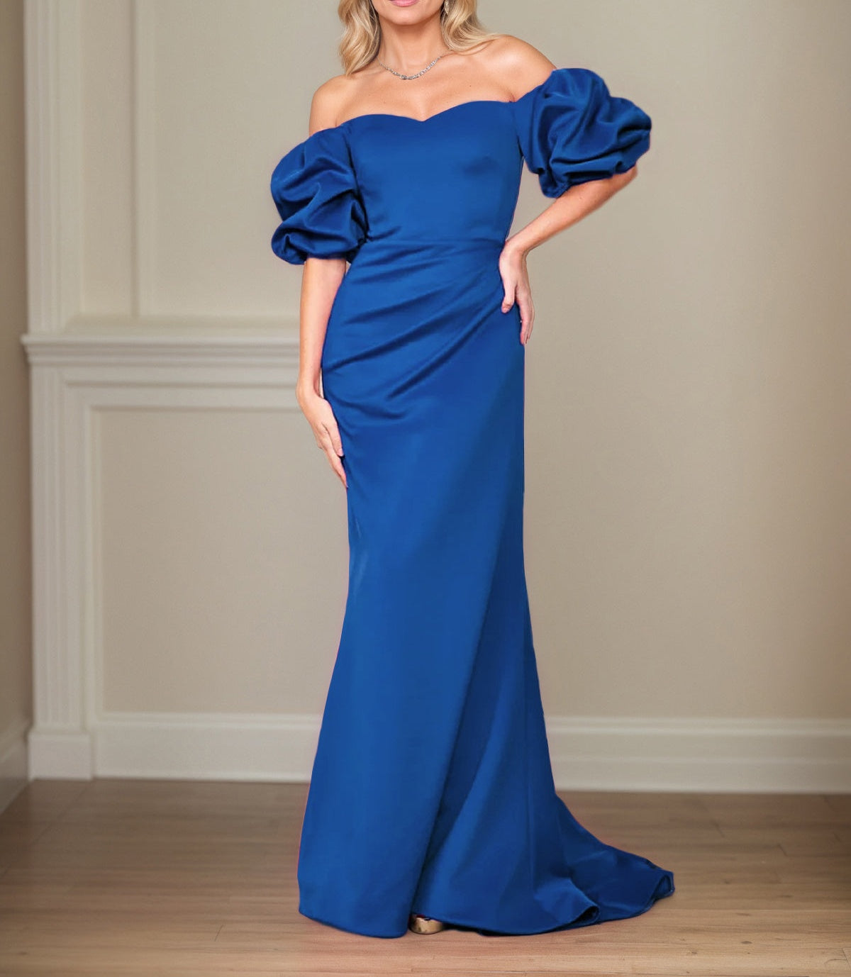 Satin Sheath/Column Off The Shoulder Puff Sleeves Floor Length Mother of the Bride Dresses